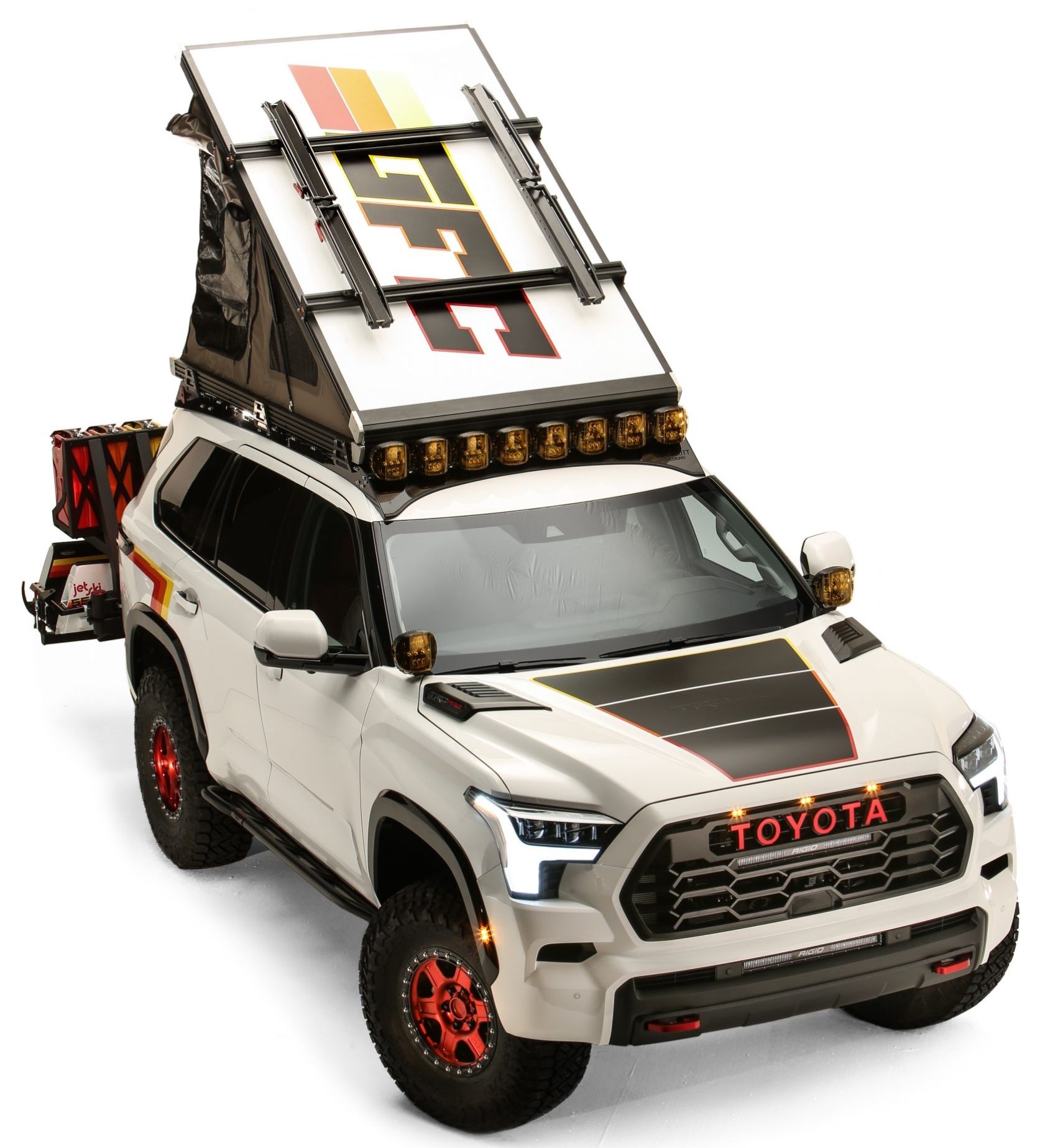 2023_Sequoia_TRD_Pro_Adventurer_by_Westcott_SEMA_2022 Front Quarter View With Tent Up