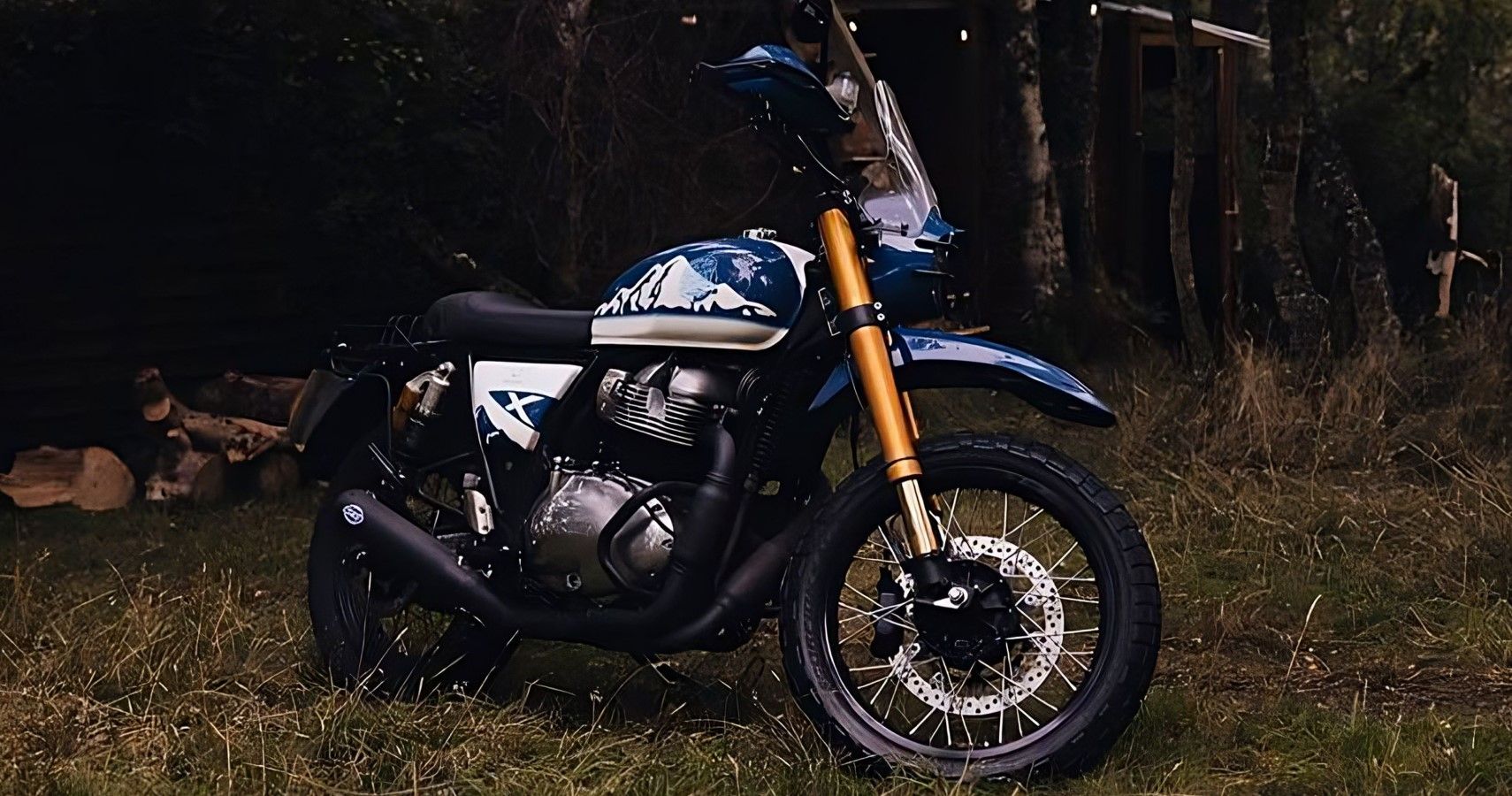 Custom Royal Enfield INT650-based Scrambler cinematic front third quarter view