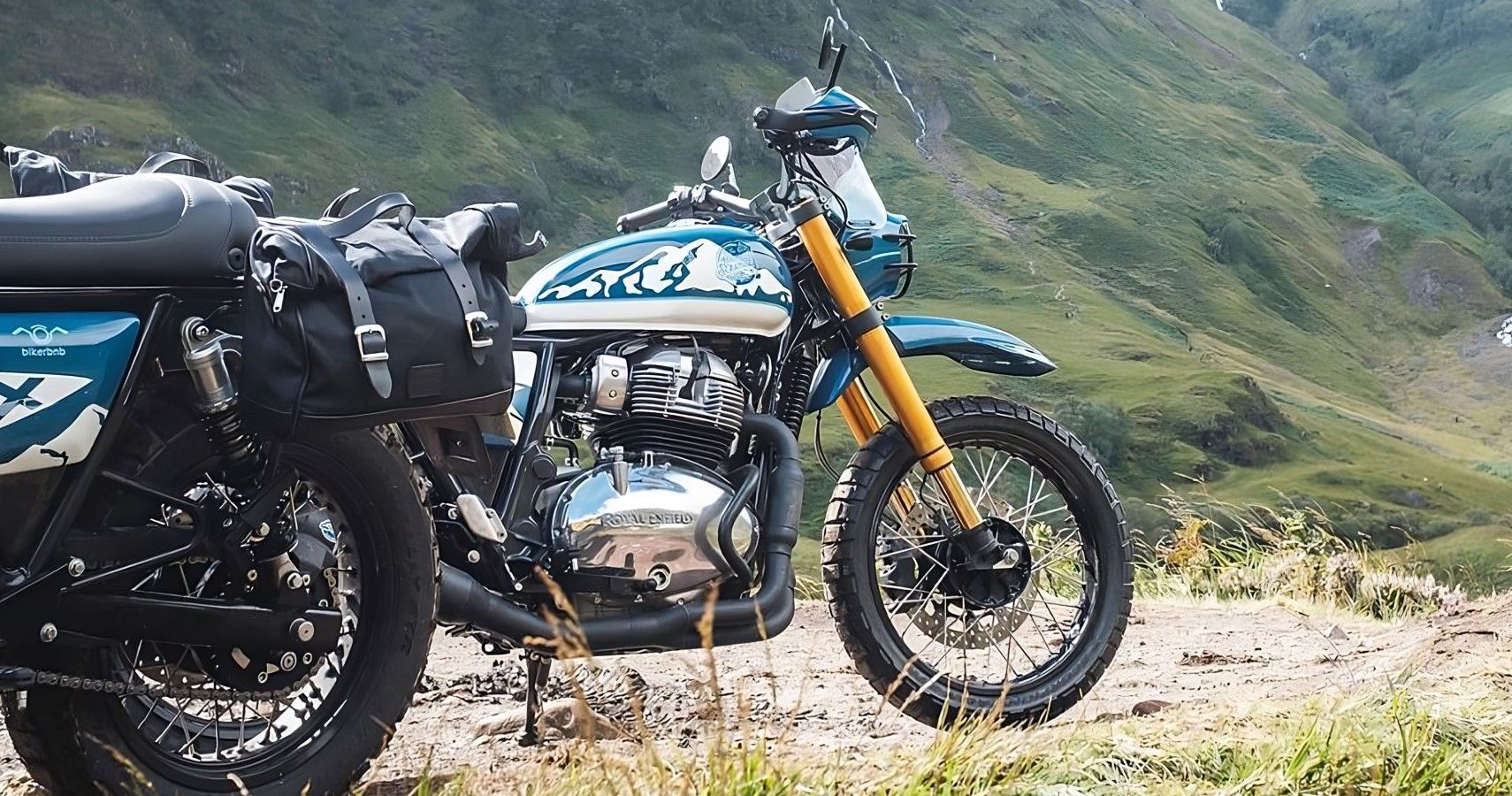 Custom Royal Enfield INT650-based Scrambler front quarter close-up view