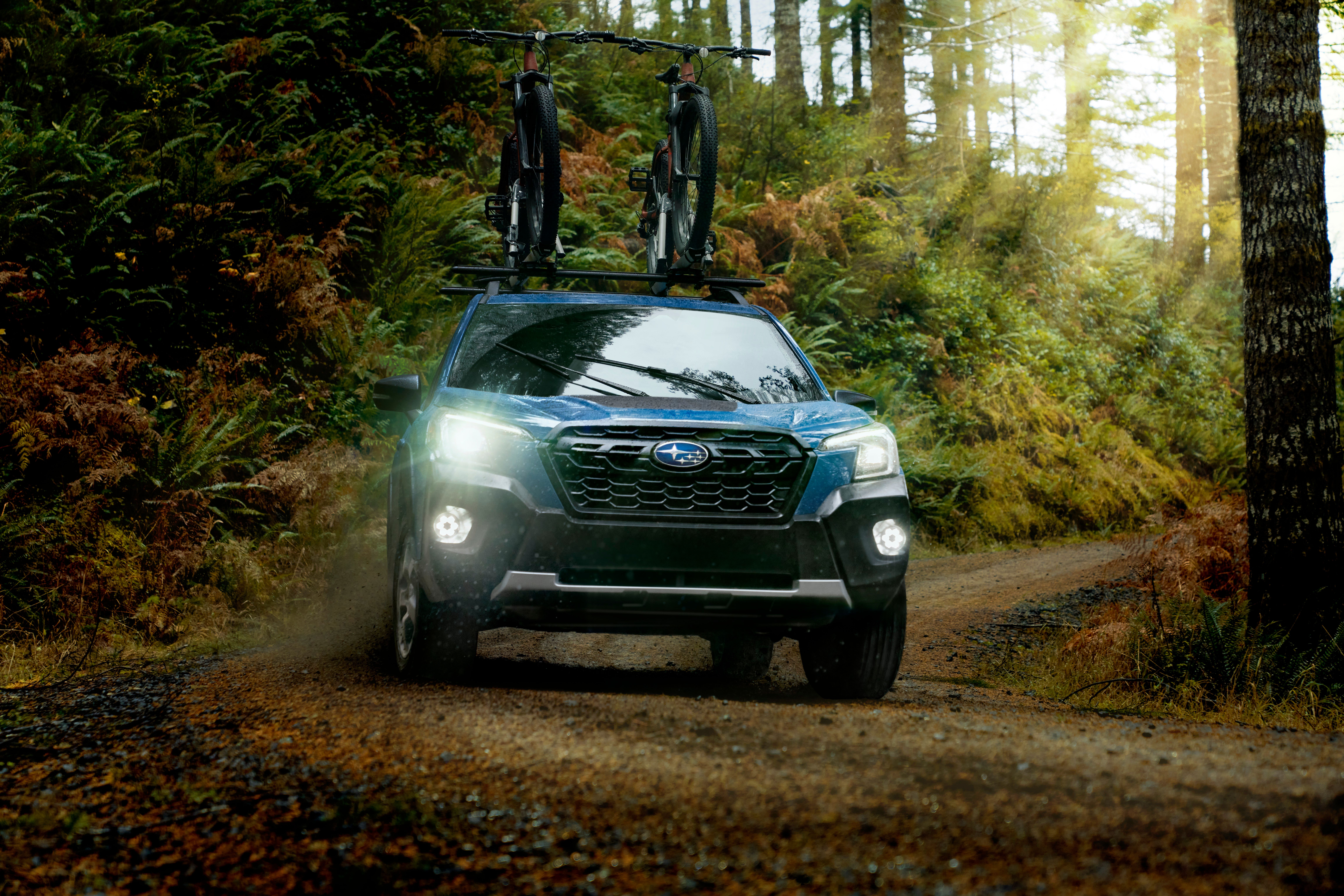 The 2022 Subaru Forester drives through the forest. 