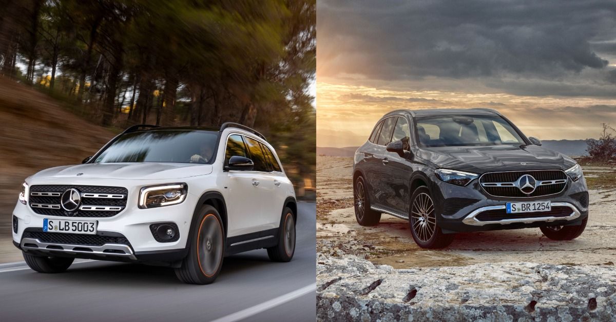 The 2022 Mercedes-Benz GLB and the 2022 Mercedes-Benz GLC side by side. 