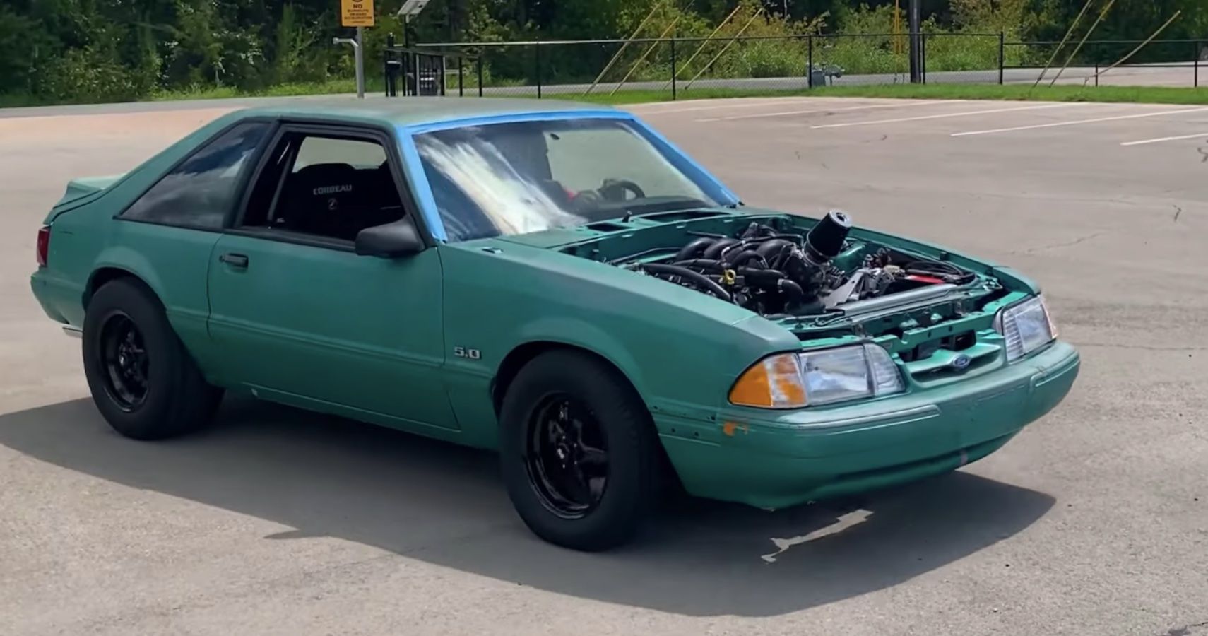 Godzilla crate engine-swapped Fox Body Ford Mustang, green