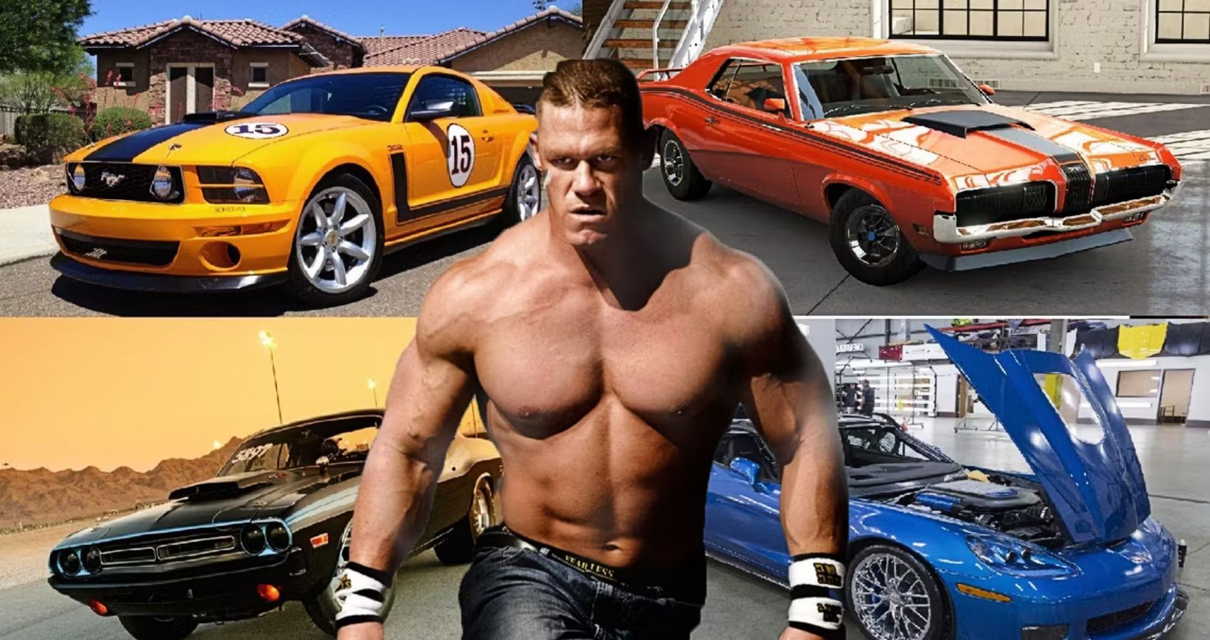 John Cena with some of the muscle cars and sports cars he owns