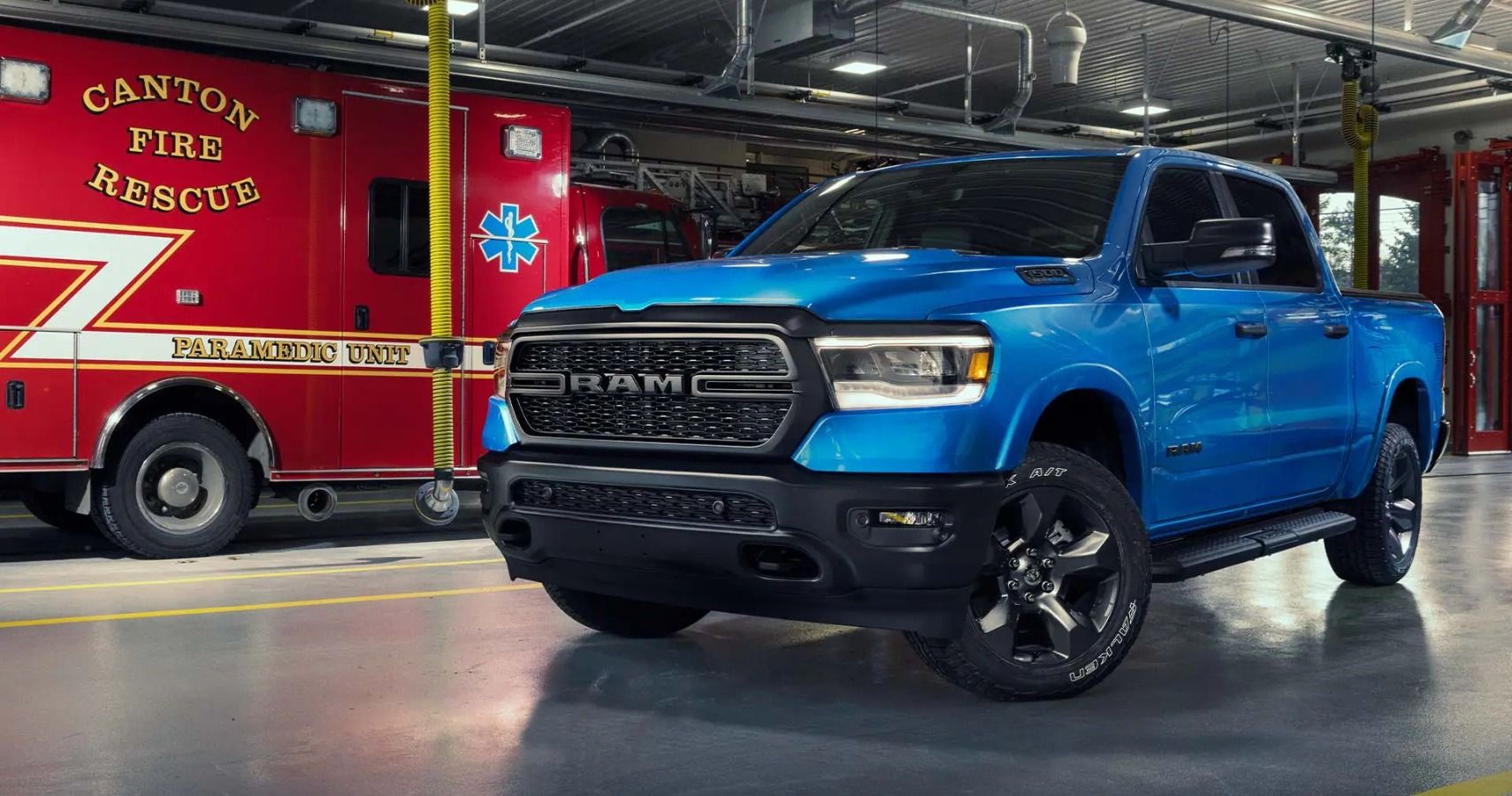 The 2022 Ram 1500 Built To Serve Firefighter Edition in the firefighter station.