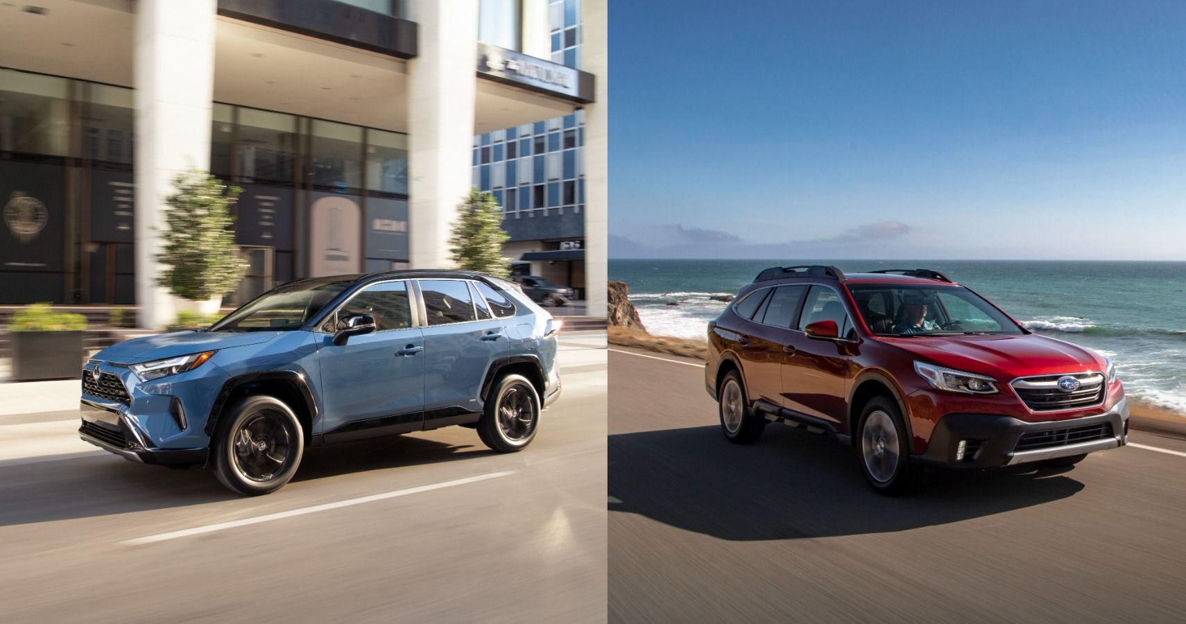 The 2022 Toyota RAV4 and the 2022 Subaru Outback on the road. 