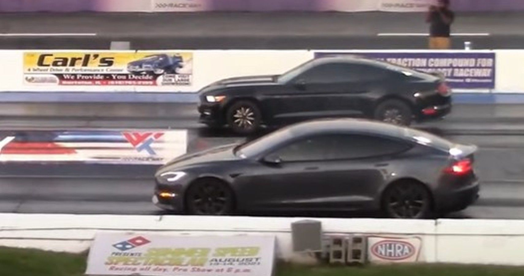 Ford Mustang GT and Tesla Model S Plaid at the drag strip