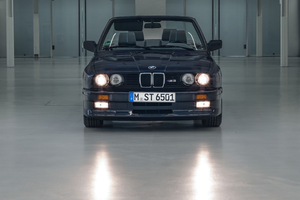 Blue 1988 BMW M3 E30 Convertible With Headlights Blaring