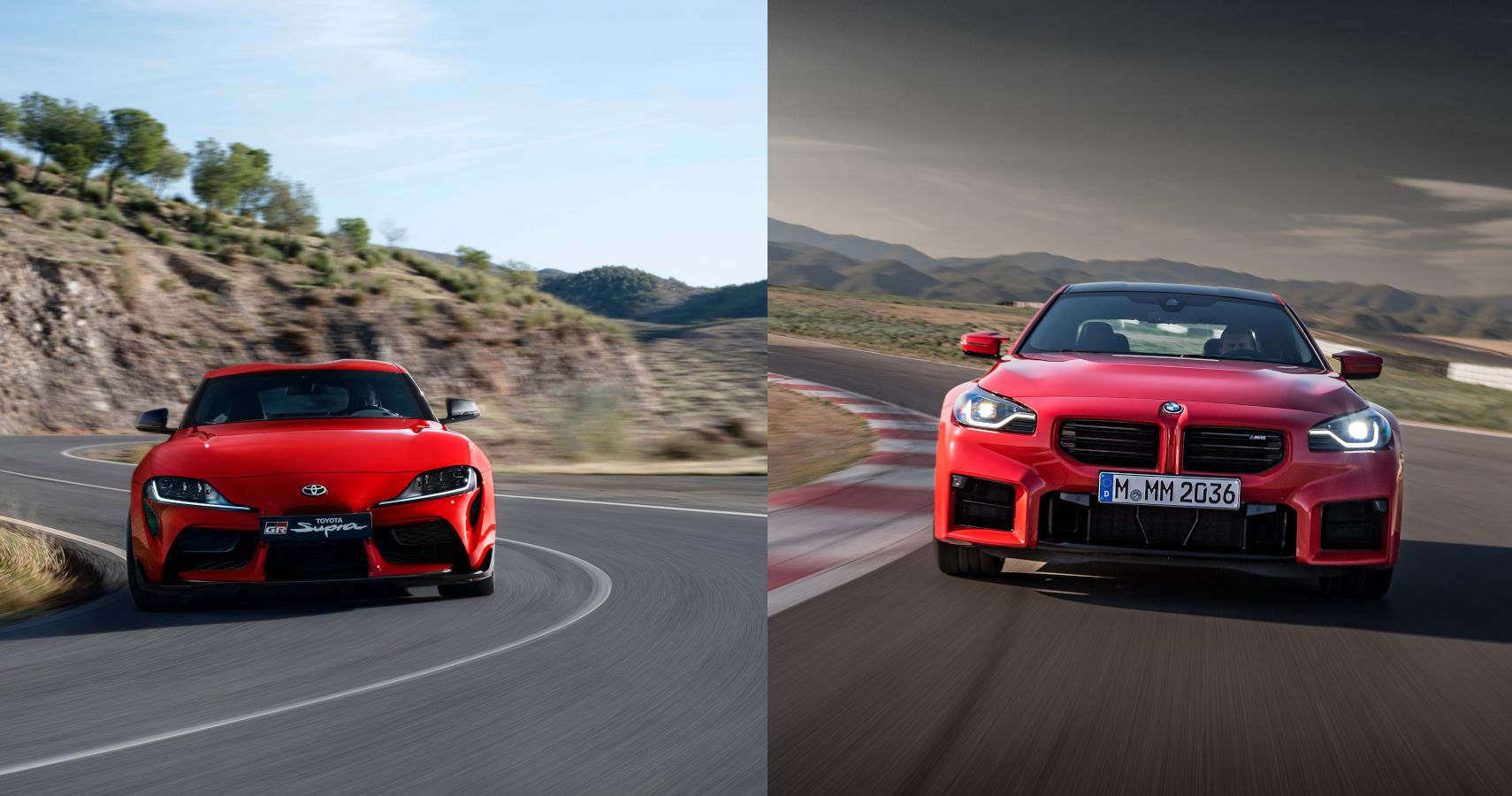 Toyota Supra on the left, BMW M2 on the right