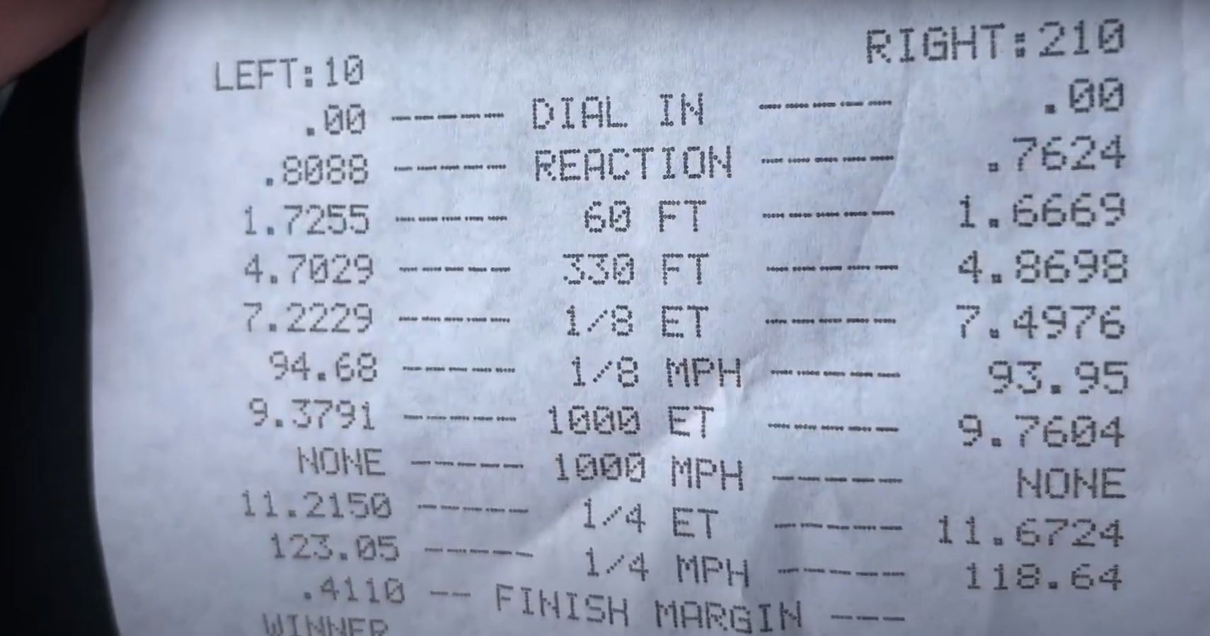time sheet results from a drag race between a Toyota Supra and Dodge Charger Hellcat
