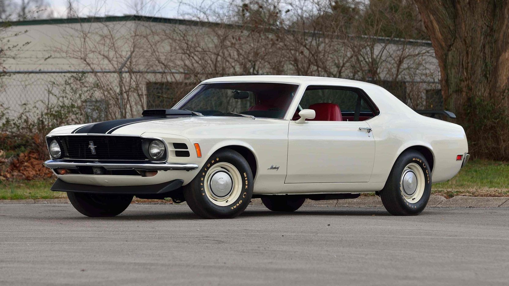 White 1970 Ford Mustang Coupe on the road