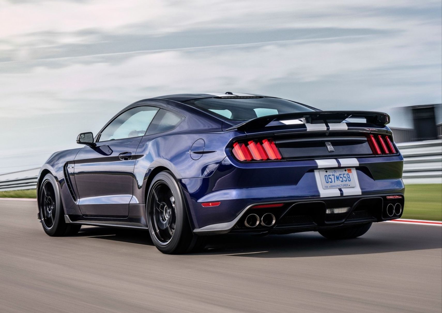 2020 Shelby GT350 Rear Quarter View Blue And White Stripes