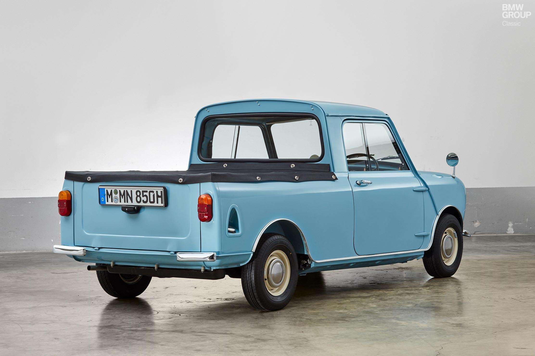The rear end of the Classic Mini Cooper S Pickup.