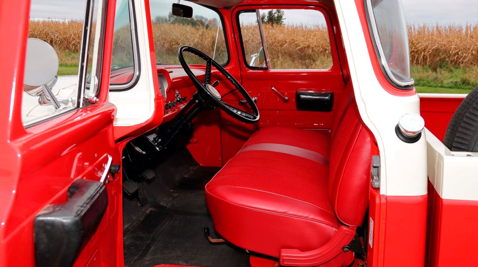 The interior of a 1957 Ford F-100. 
