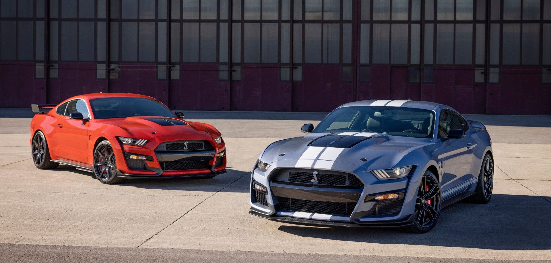 Two Ford GT500's next to each other.