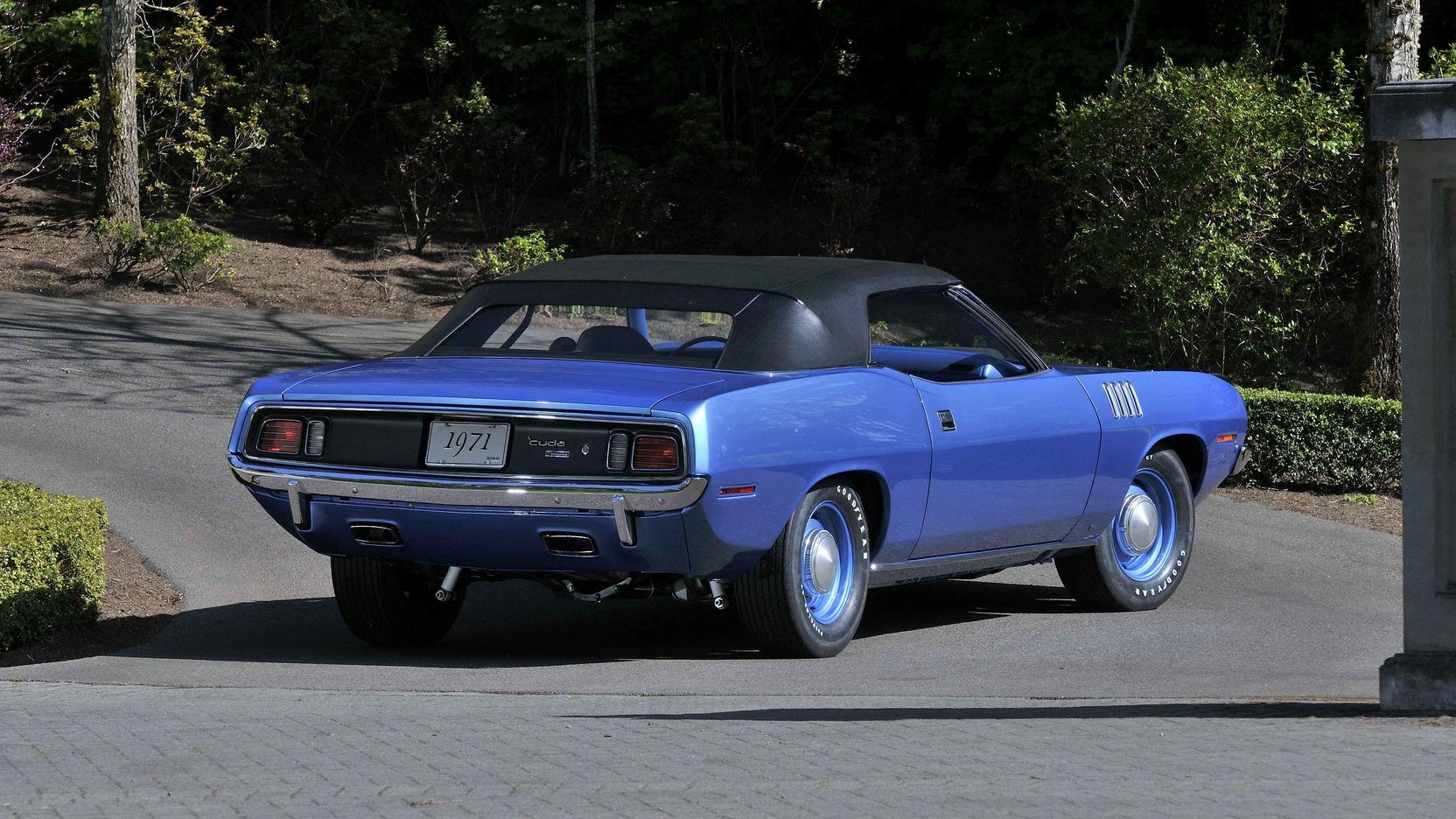 Blue 1971 Plymouth Hemi 'Cuda Convertible rear angle
