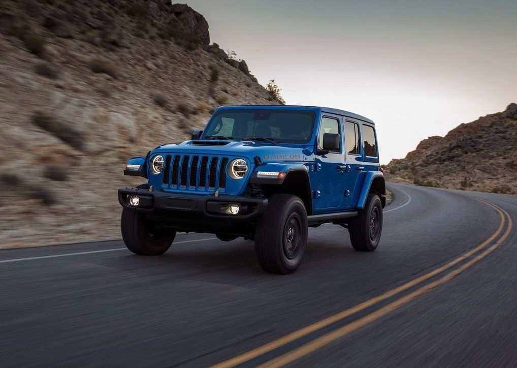 2022 Blue Jeep Wrangler Rubicon front view 