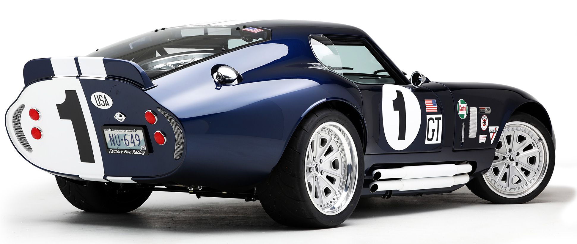Back angle of Factory Five Racing's Shelby Cobra Daytona Coupe replica