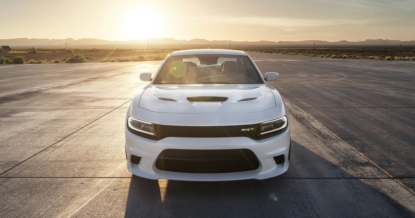 White Dodge Charger SRT Hellcat muscle car front view