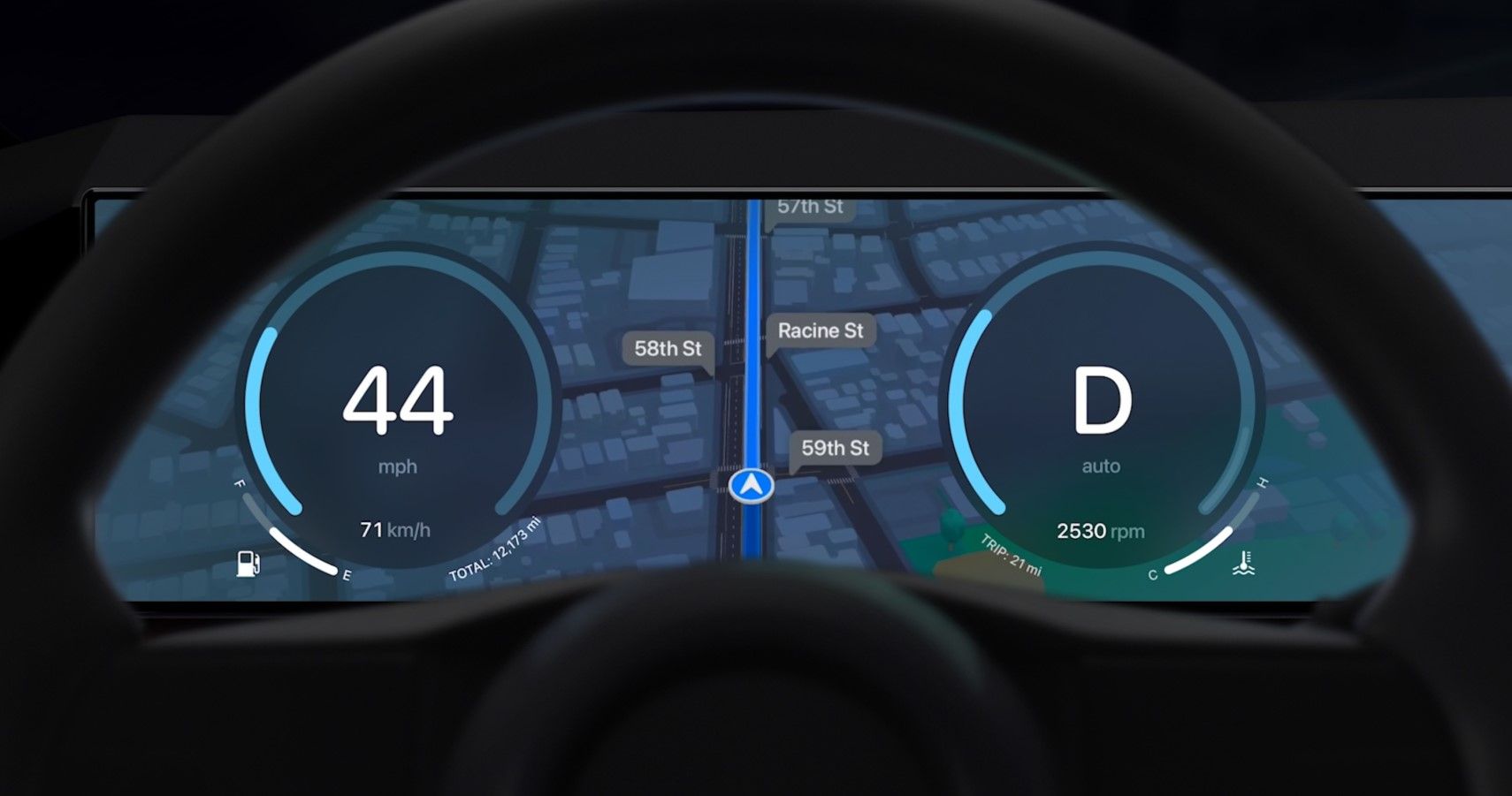 Next-gen Apple CarPlay showing map directions in the instrument cluster
