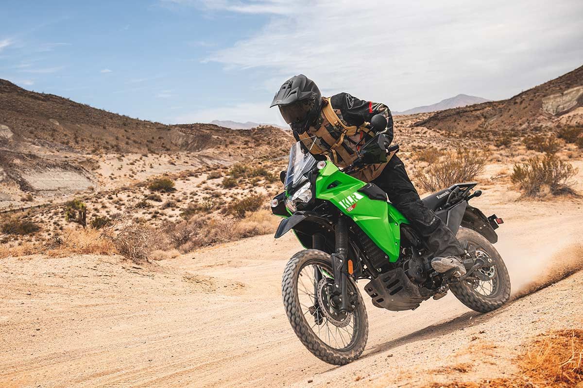 Green 2023 KLR650 dual sport riding