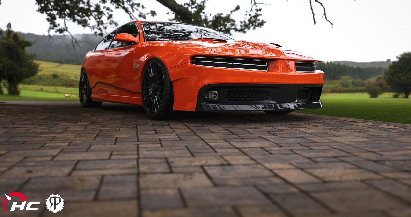 Modern Day Pontiac Orange GTO render, front quarter view at ground level