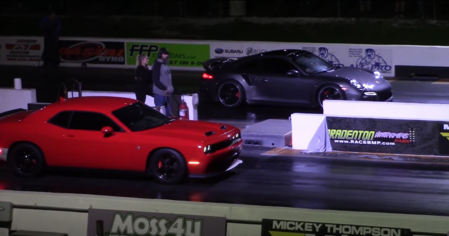 Porsche 911 lines up with Dodge Hellcat for Drag Race