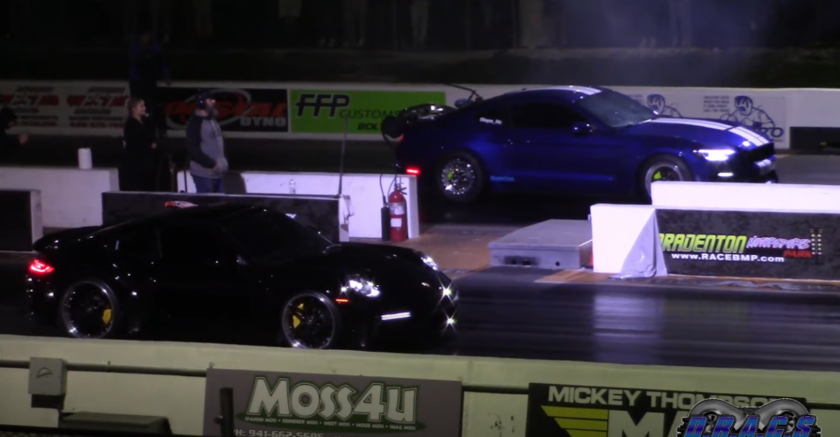 Porsche 911 Turbo S lines up with a Mustang GT350 for a Drag Race