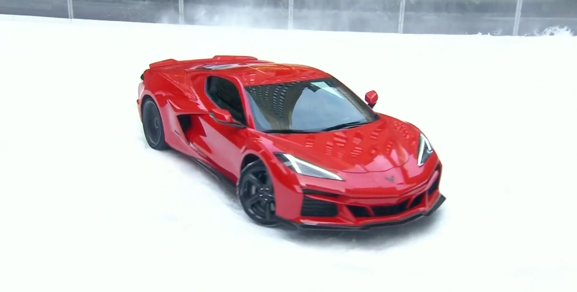 Red 2024 Chevy C8 Corvette E-Ray Supercars Doing Donuts On Ice Rink