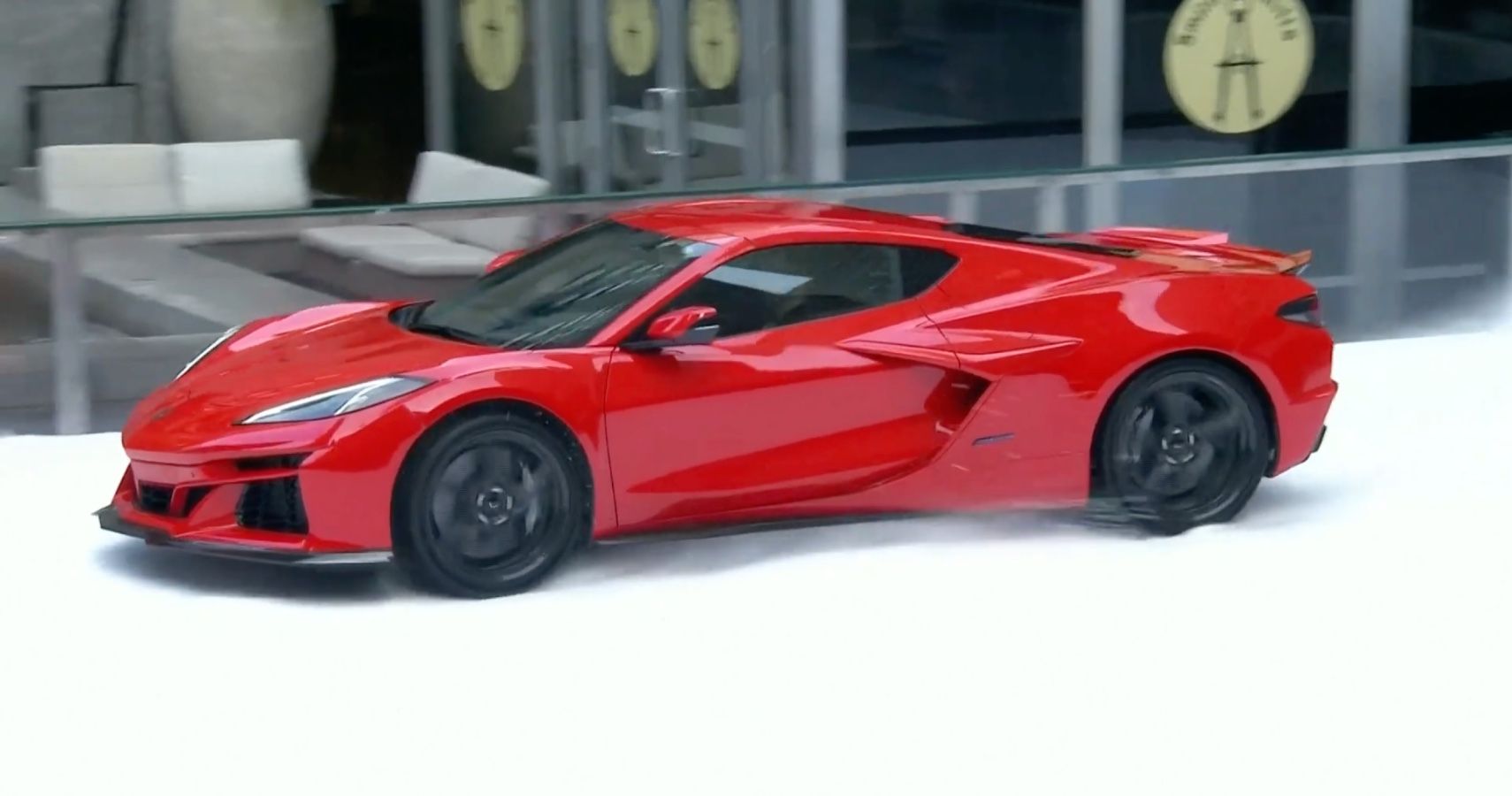 Red 2024 Chevy C8 Corvette E-Ray Supercars Doing Donuts In Snow