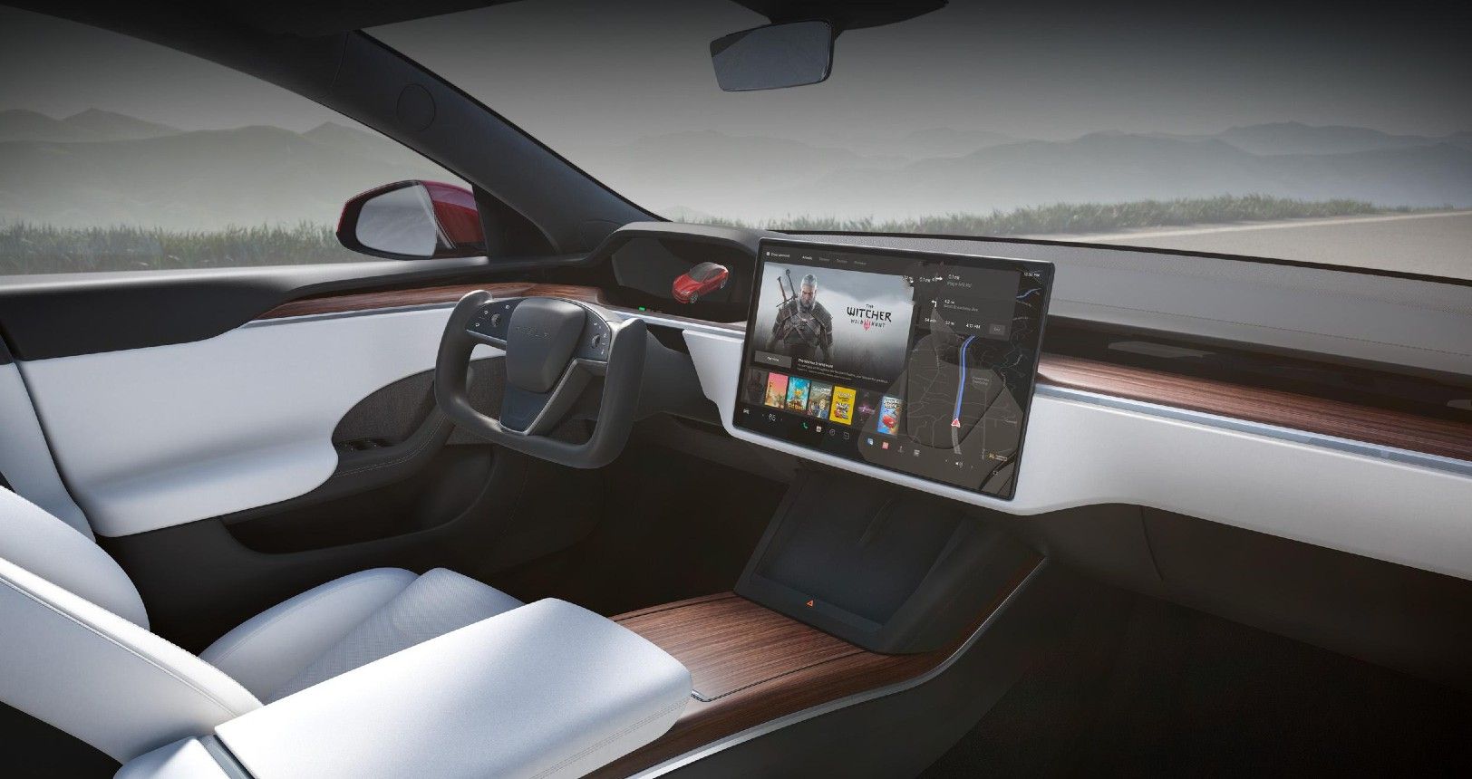 Tesla Model S interior, white, futuristic