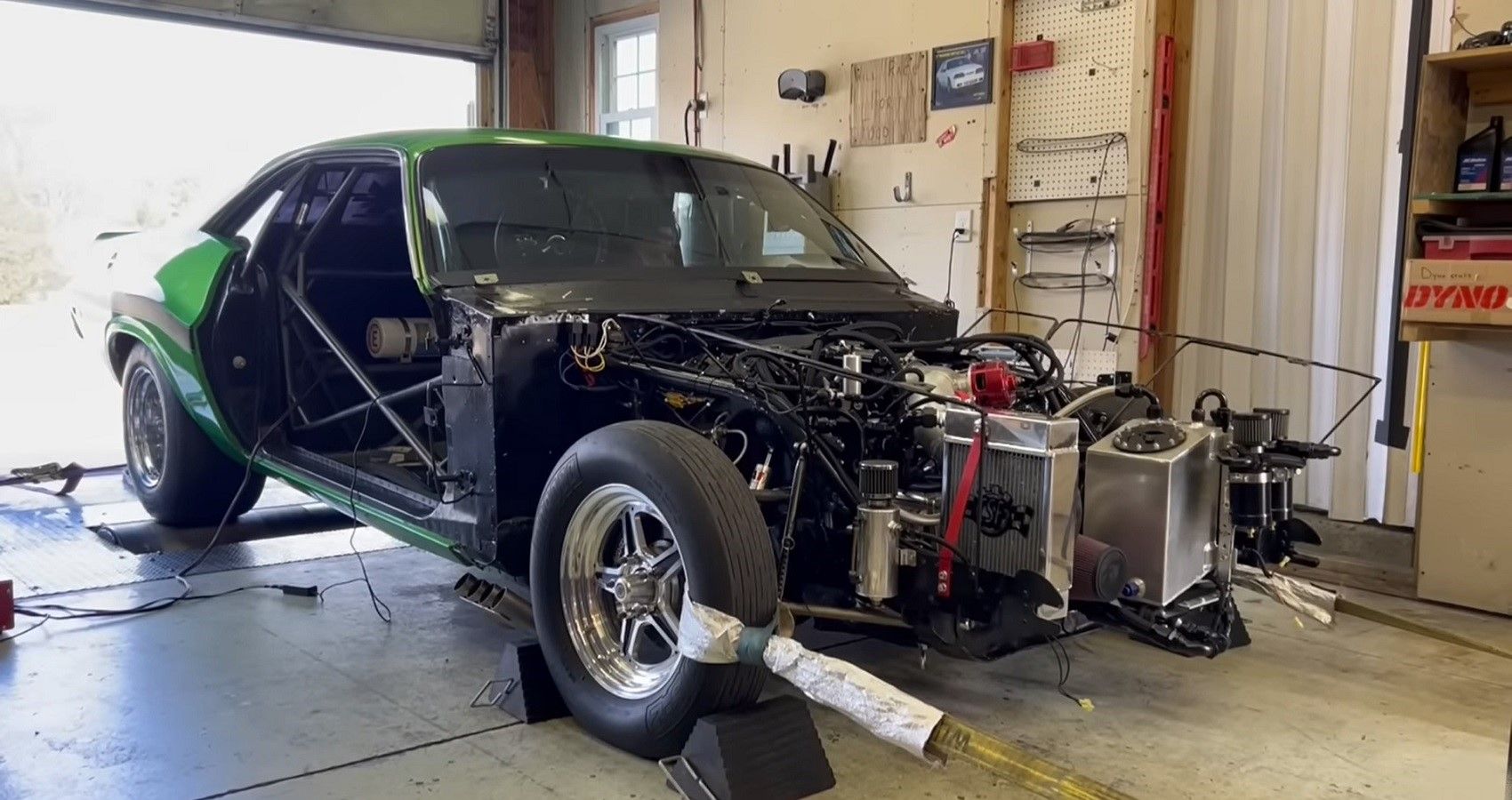 Custom Dodge Challenger Drag Car Project, front quarter view, on dyno