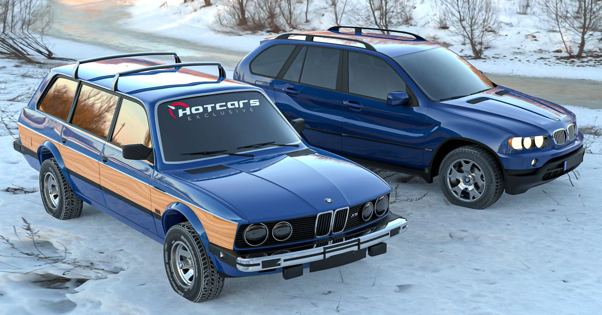 BMW X5 1980s Render next to Modern X5 front