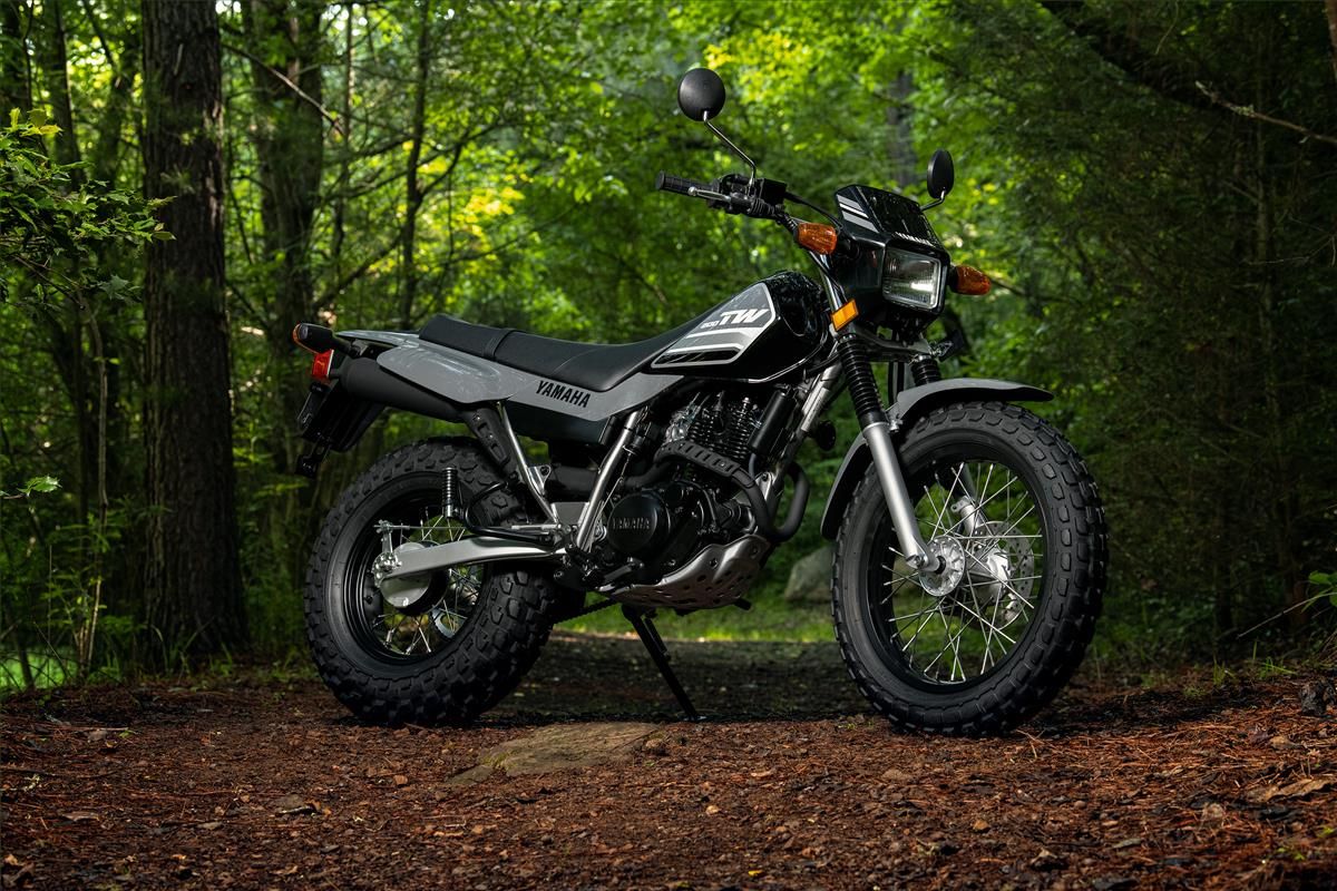 Black 2023 TW200 dual sport parked