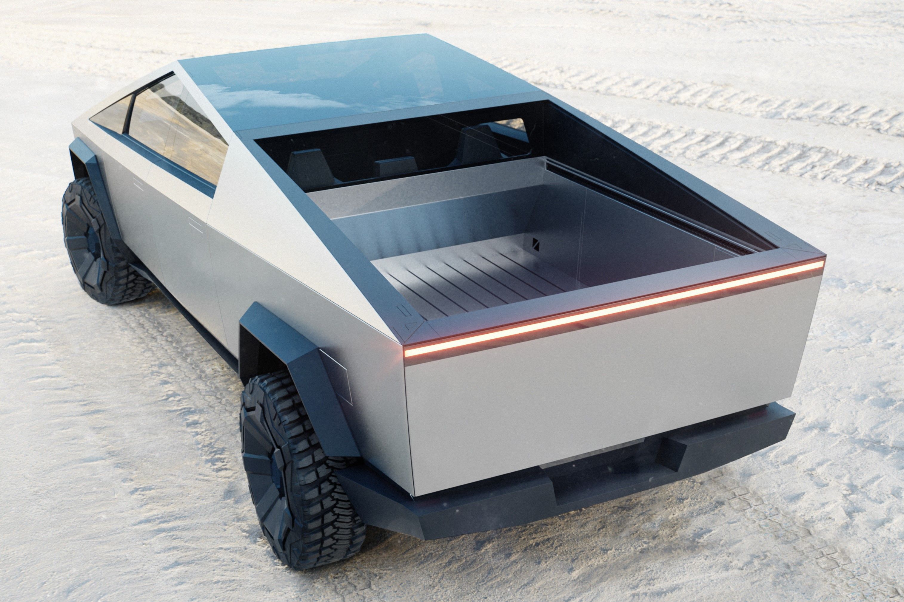 Tesla Cybertruck parked in the desert. 