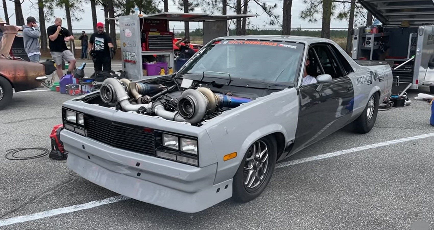 El Camino drag racer, off-white and gray color, front quarter view