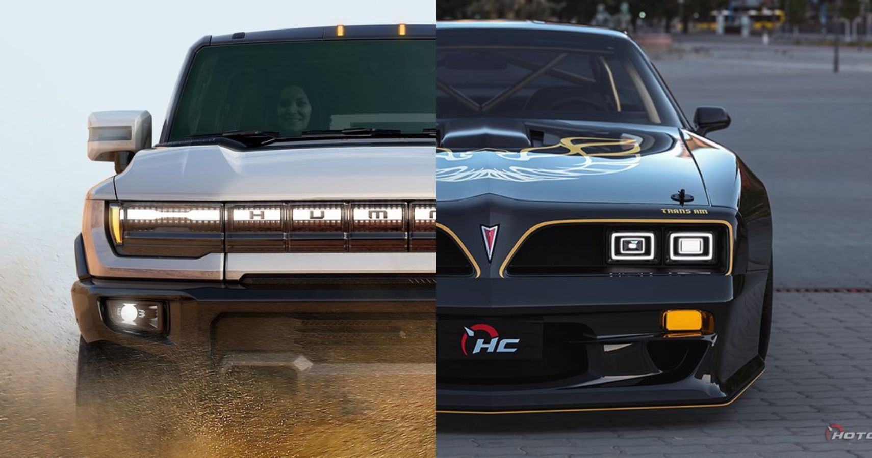 GMC Hummer EV and Hotcars Car render Pontiac Firebird side by side front fascia comparison
