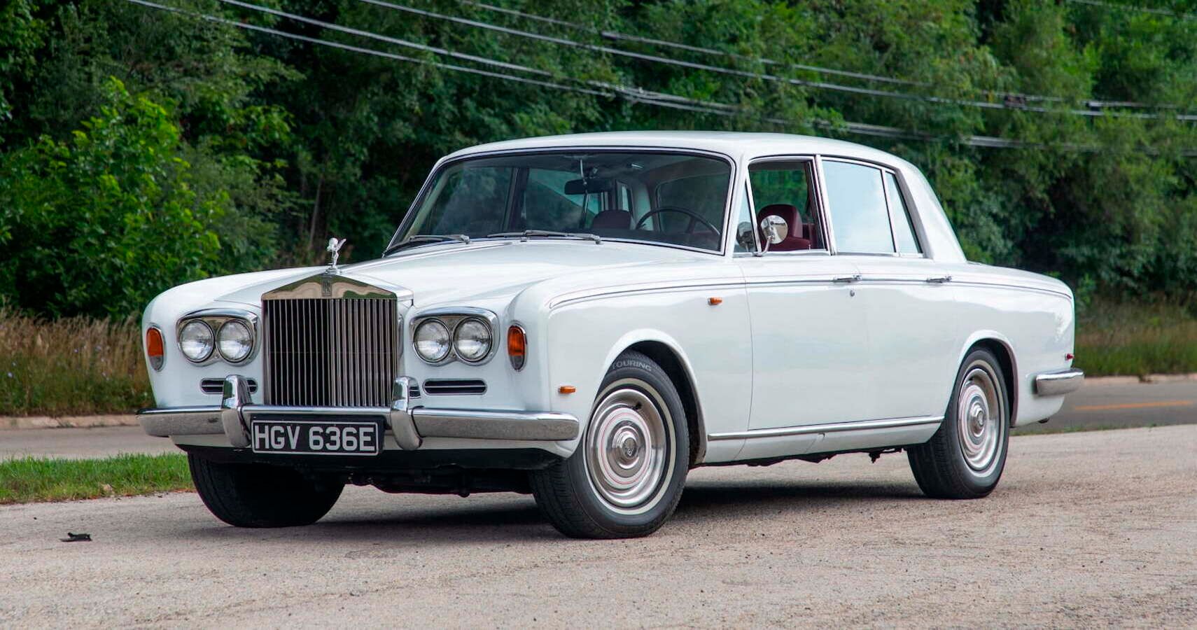 A white 1969 Rolls-Royce Silver Shadow parked