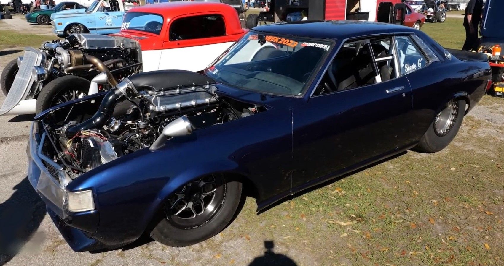 Turbocharged 388 cid LS-Swapped 1973 Toyota Celica, front quarter view