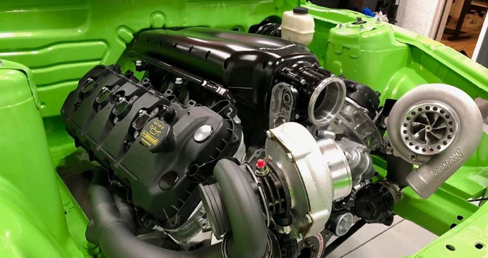 5 liter MSRacing Coyote V8 engine, inside the engine compartment