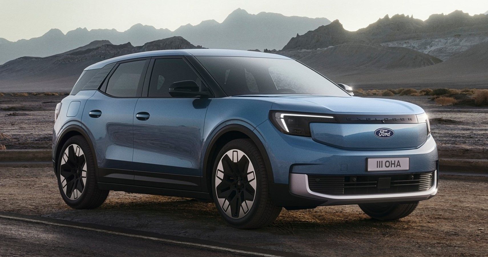 Blue New Ford Explorer EV off-roading