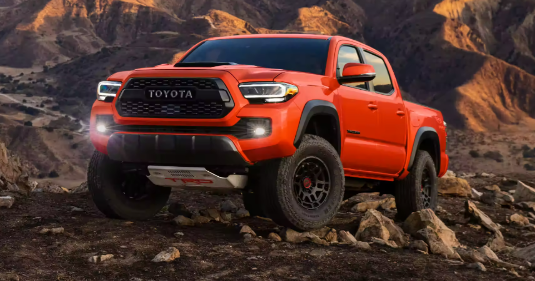 2023 Toyota Tacoma TRD Pro front quarter showing TRD skid plate