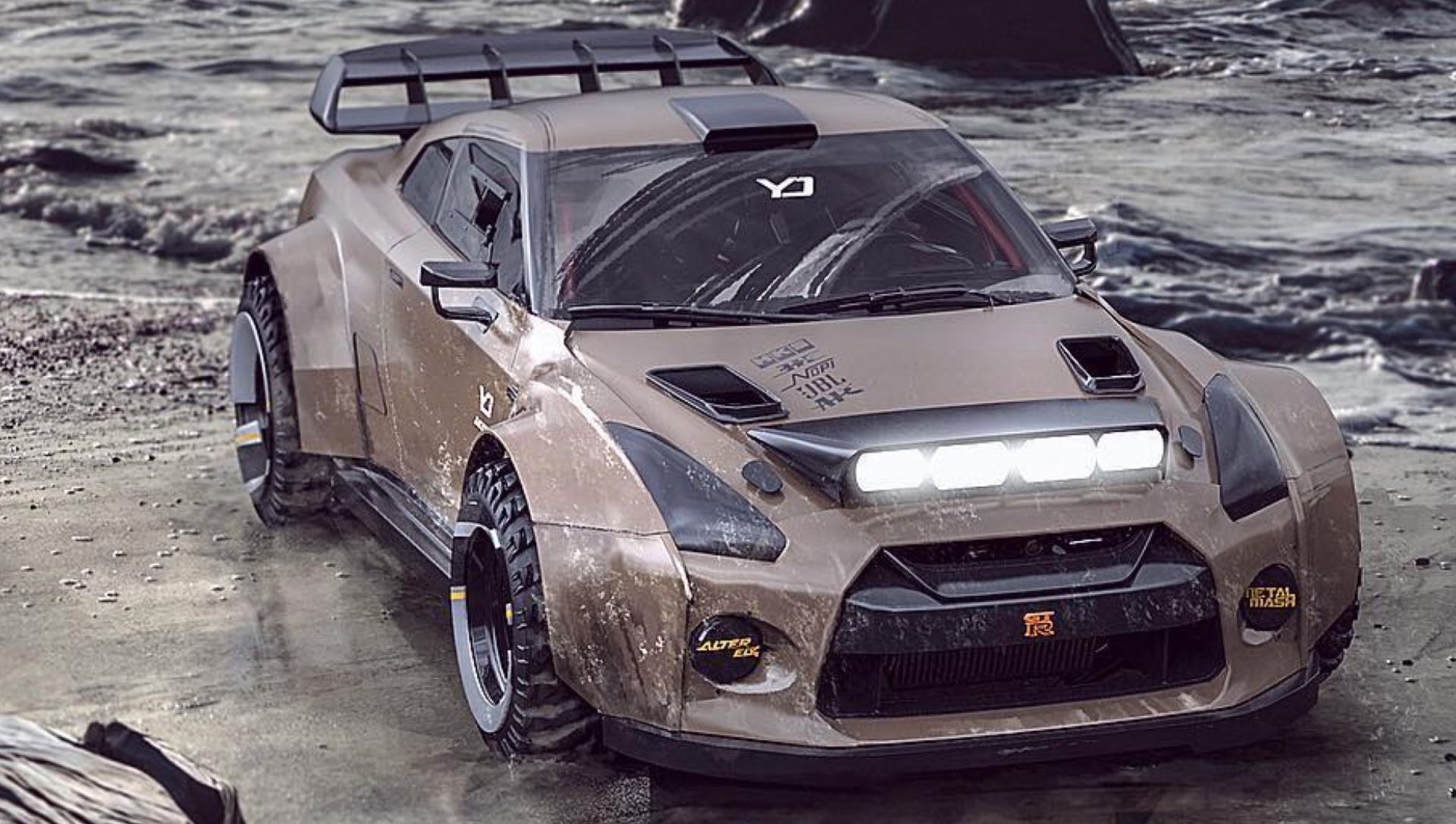 Vista frontal marrom do Nissan GT-R todo-o-terreno