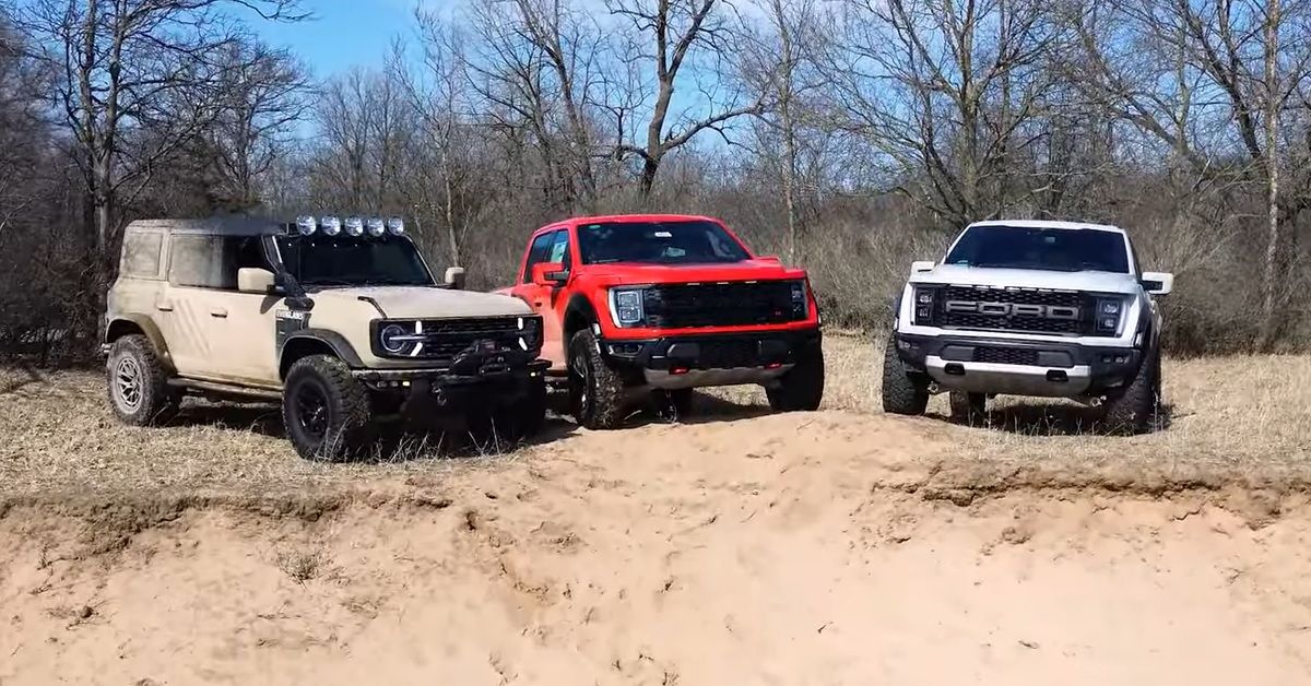 Speed Phenom Ford F-150 Raptor R with another Raptor R and a Bronco