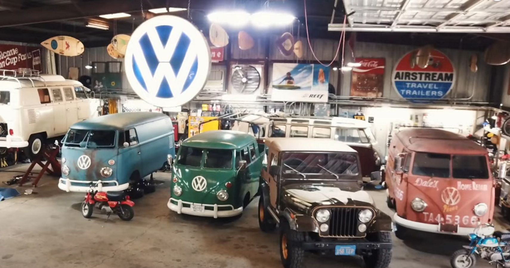 Vintage Volkswagen vans in a garage in Virginia.
