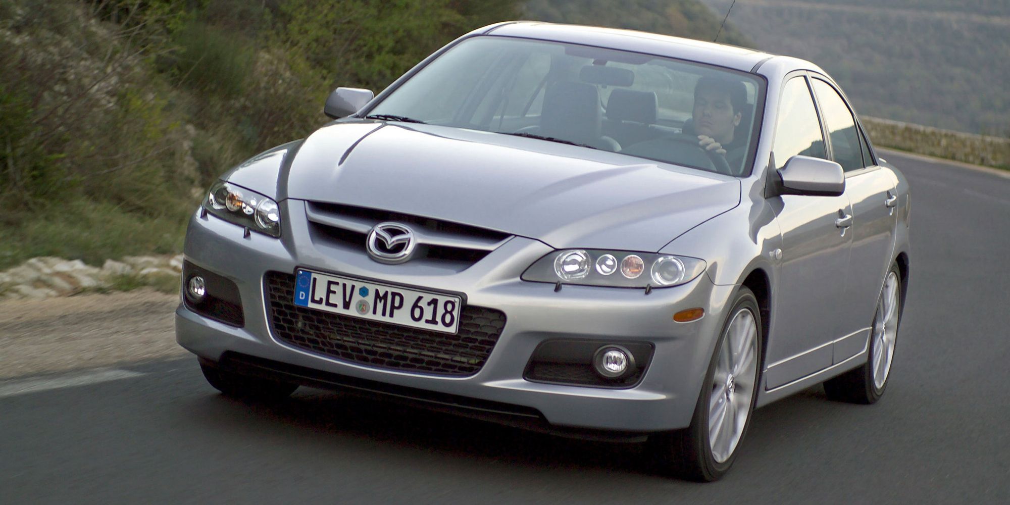 Mazdaspeed6 Front Left Quarter Liquid Platinum Gray Driving Mountain