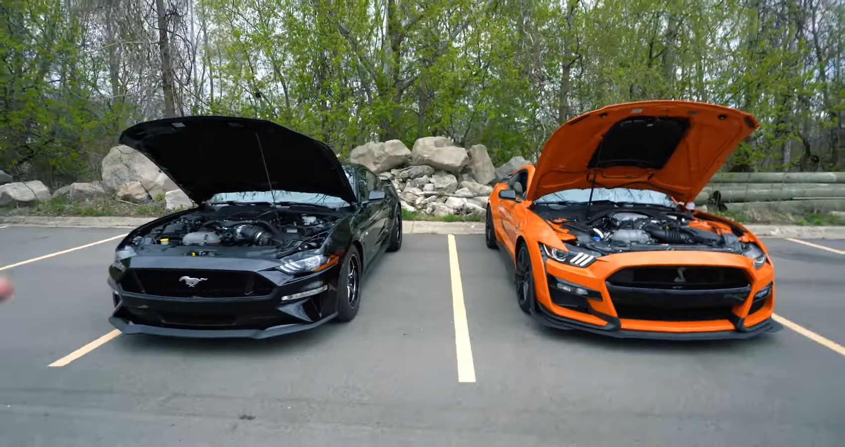 An orange Shelby GT500 and a black Mustang GT 