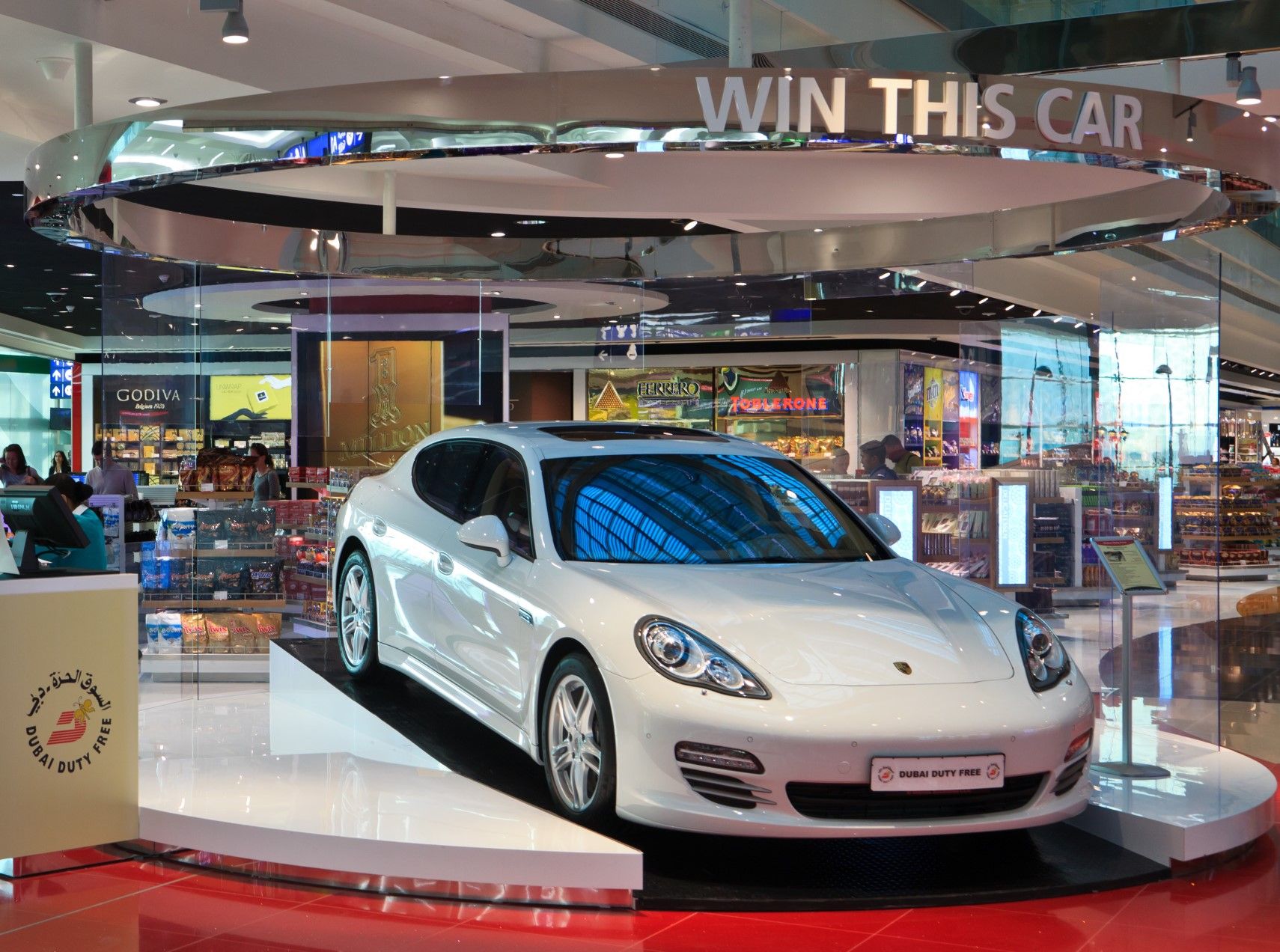 Front view of the Porsche Panamera inside a shopping mall