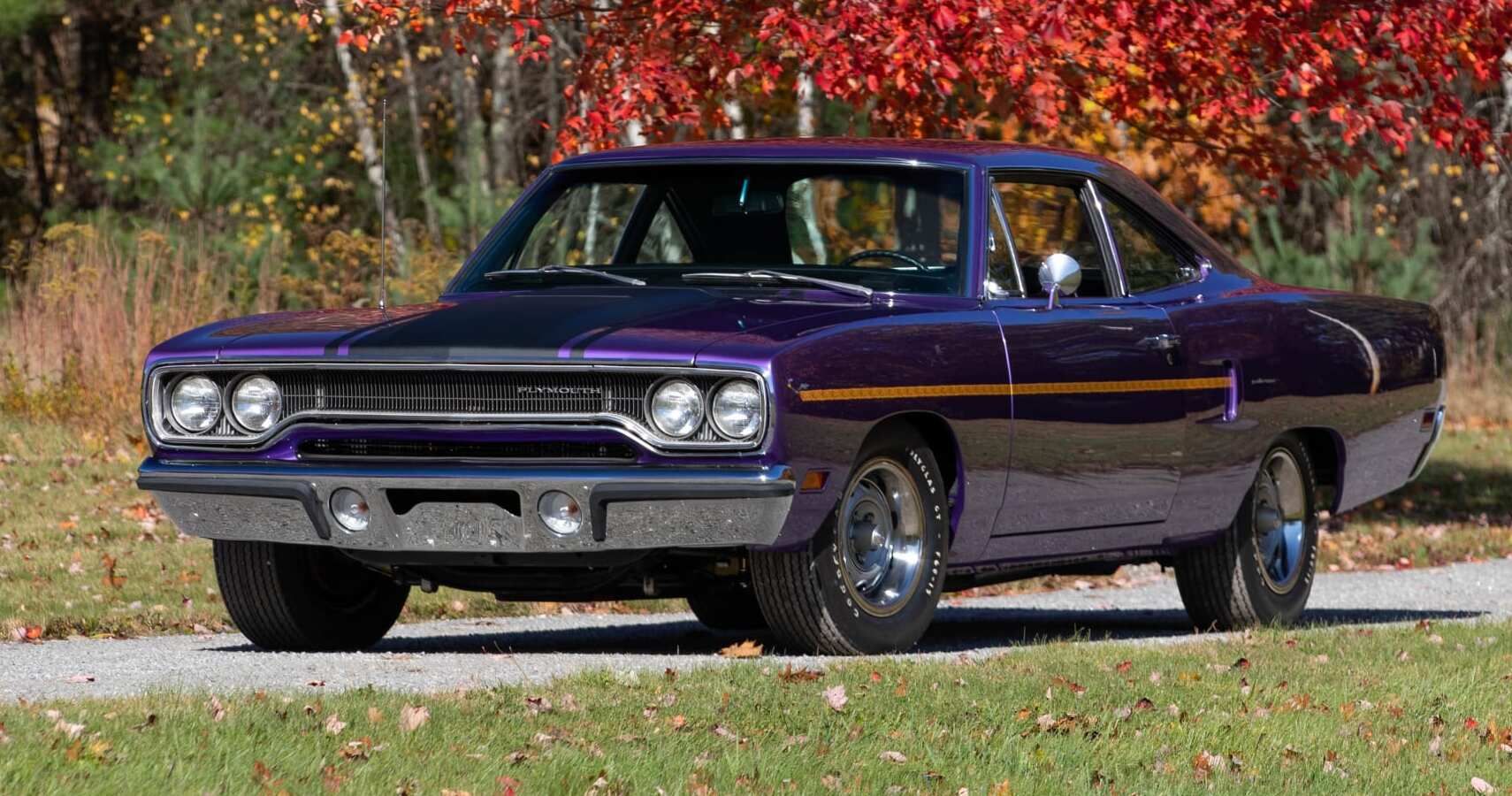 A purple 1970 Plymouth Road Runner Hemi parked