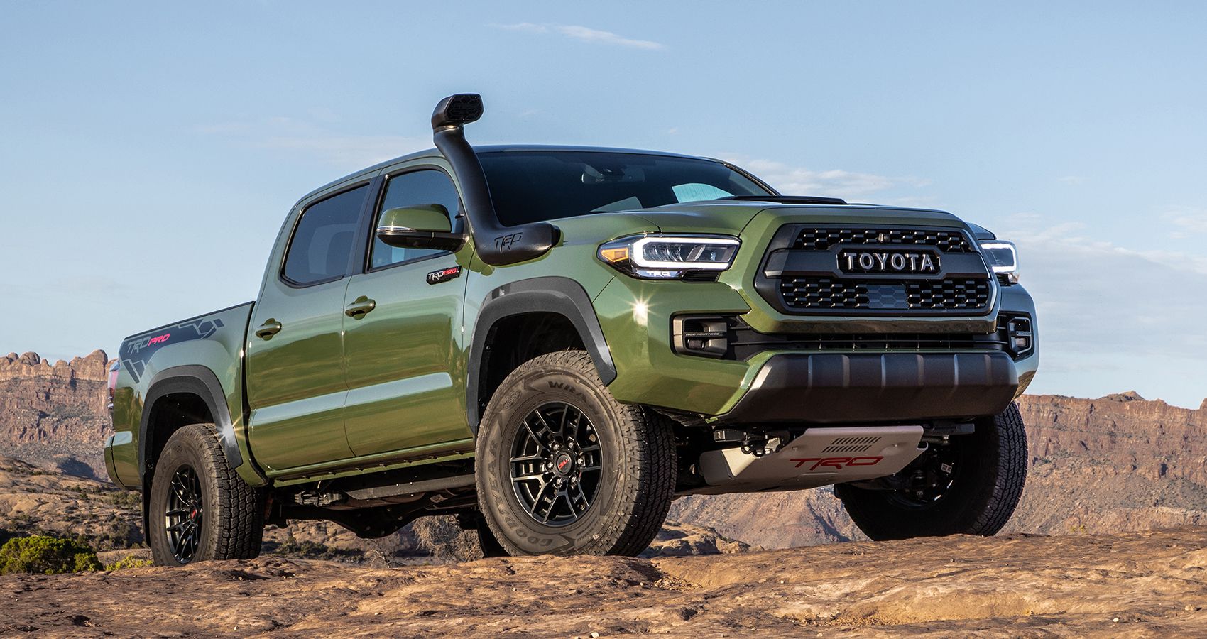 Front third quarter view of the 2020 Toyota Tacoma TRD Pro off-road vehicle