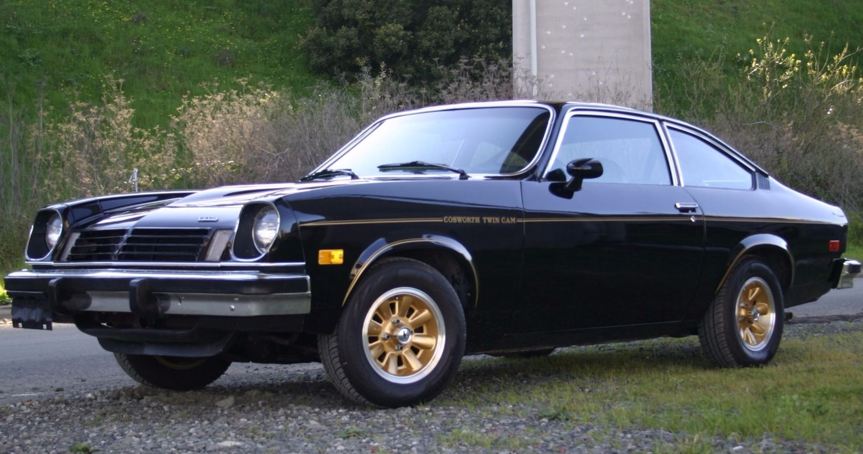 A black 1975 Chevrolet Vega Cosworth parked
